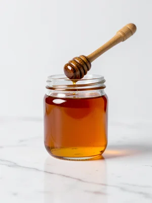 A glass jar of raw honey with the dipper resting on top, amber liquid catching l