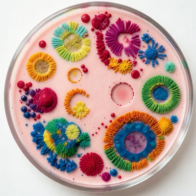 Blood agar plate with beta-hemolytic bacteria, clear zones around colonies where