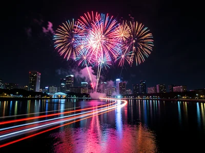 Fireworks bursting over city skyline, reflections in water below