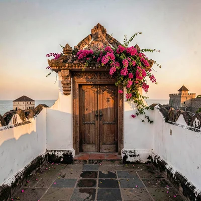 Galle fort golden hour, Dutch colonial tropical, Dutch colonial doorway with car