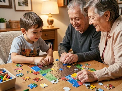 Child and grandparent puzzling together, teaching the edge-first strategy, gener