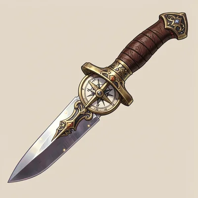 Fantasy weapon illustration, a ranger's hunting knife with compass in handle, ut