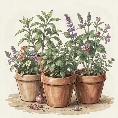 Artisan food packaging illustration, Garden herbs in terracotta pots , farm-to-t