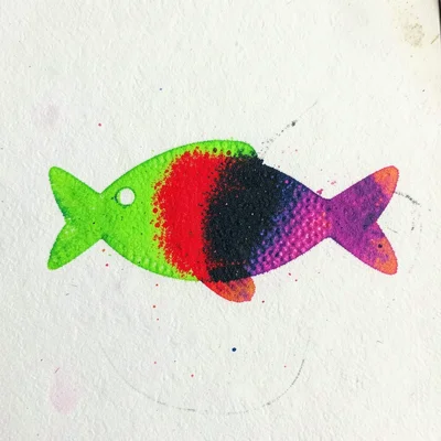 Riso overprint of a simple fish shape: first pass fluorescent green, second pass