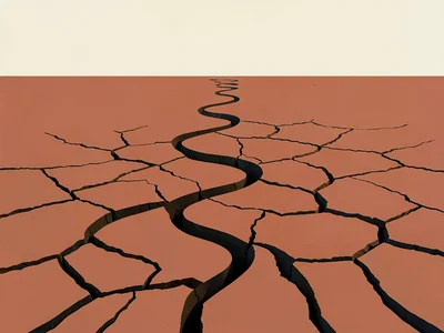 Cracked-earth dry riverbed snakes through a copper-red plain under a cream midda