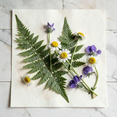 Pressed botanical arrangement of fern fronds, wild violet, and chamomile on crea