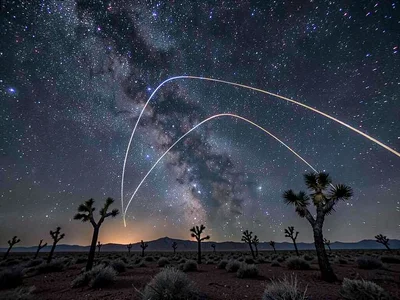 Night sky over desert, stars drawing long curves, Joshua trees standing witness