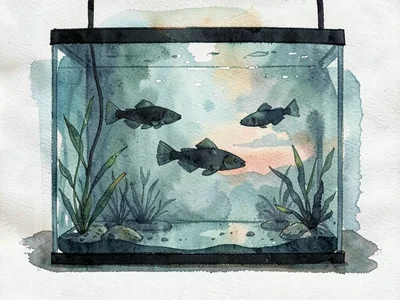 Quiet washy interior of a fish tank at dusk, tilapia silhouettes drifting throug