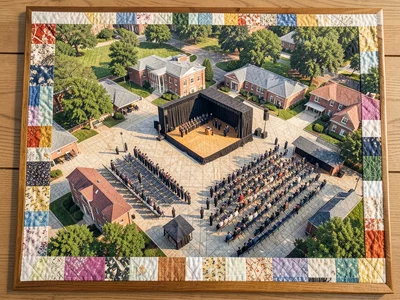 Aerial view of graduation ceremony on campus quad, rows of chairs, stage