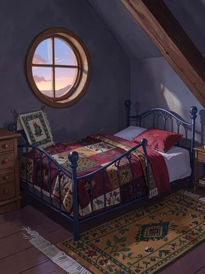 Tucked attic bedroom at dawn with one round window like a coin, garnet patchwork
