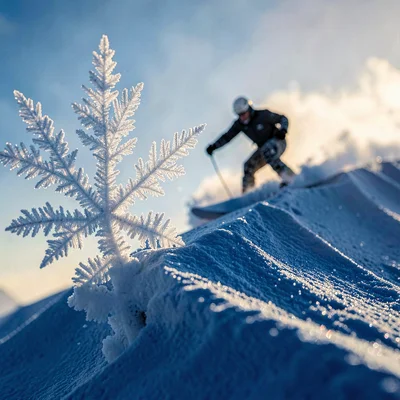 Cinematic plate of a rider mid-carve against a deep blue ridgeline, slow snow pl