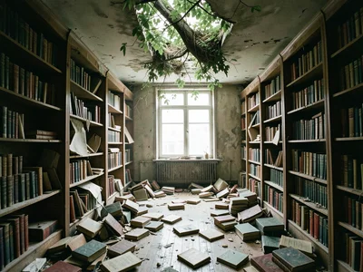 Library with collapsed shelves, books strewn on floor, tree growing through the 
