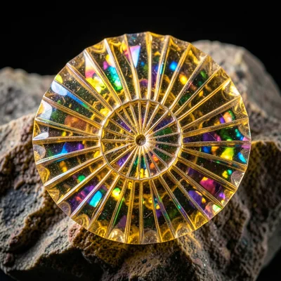 Fossil ammonite in limestone, spiral pattern, golden calcite replacement, museum