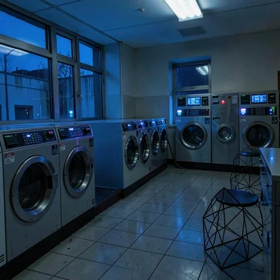 Laundromat at night with the blue glow of active machines