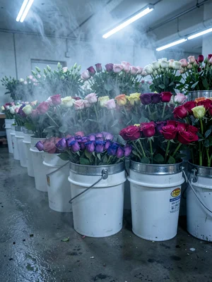 Cooler Mist Over Flower Bucket Rows