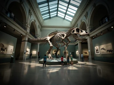 A natural history hall: dinosaur skeleton mounted in the center, children below 