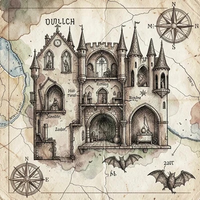 A fictional vampire-castle floor plan with a great hall, crypts, dungeons, a hid