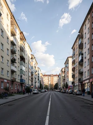 Apartment building facades repeating into distance