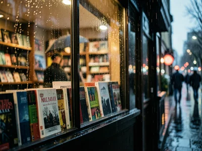 A window of a bookshop in the rain, books displayed inside, raindrops on the gla