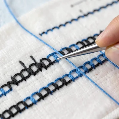 Needle and thread close-up on embroidery — needle mid-stitch in chain stitch row