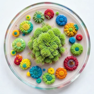 Mold contamination overtaking a bacterial plate, fuzzy green Penicillium overwhe