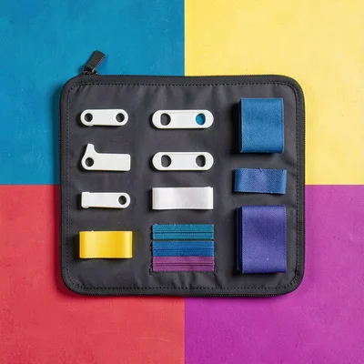 Top-down flat of a zipper kit tray with sliders, pulls, and tapes sorted
