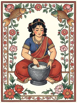 Seated woman grinding grain — stone mortar, rhythmic posture, surrounded by bord