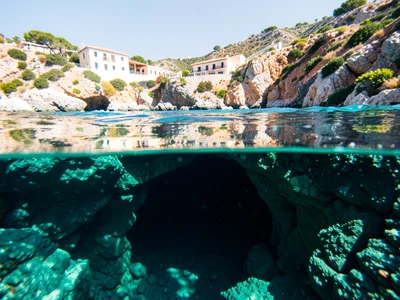 Underwater cave entrance from outside, dark water below, rugged coastline above