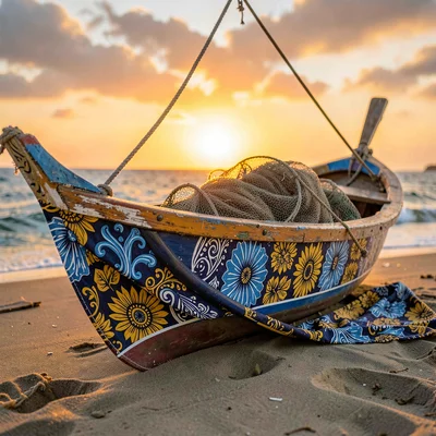 Saturated textile-rich photograph, Pirogue fishing boat with painted hull on bea