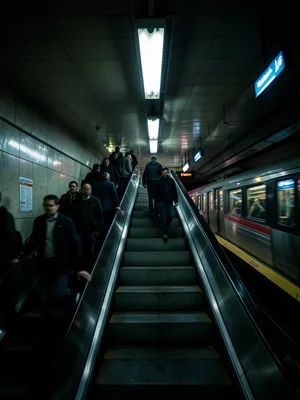 An underground escalator at rush hour: a stream of people ascending on one side,