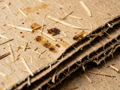 Cardboard surface extreme macro, individual wood pulp fibers visible in random m