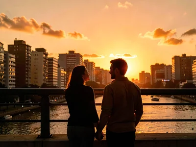 Couple on bridge watching sunset over city, buildings behind them turned gold, t