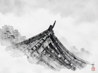 Temple roof corner emerging from mist