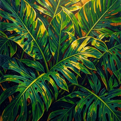 Dense tropical leaves overlapping, deep greens with golden light filtering throu