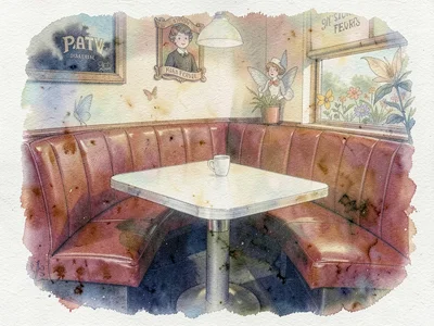 Fast food restaurant booth, red vinyl seats and formica table, dreamy victorian 