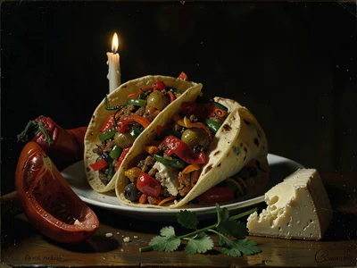 Taco with overflowing fillings, dramatic side light catching cilantro and cheese