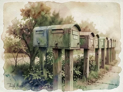 Suburban mailbox row, identical metal boxes on wooden posts, sepia and forest gr