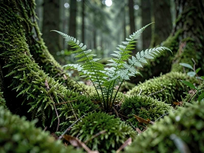 Fern unfurling through moss as emergence