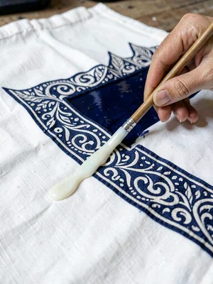 A tjanting tool trailing a line of wax on stretched white cotton, wax still liqu