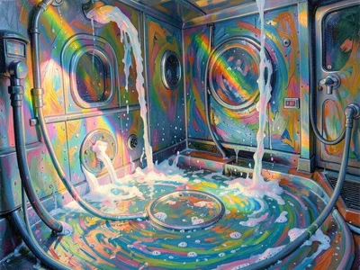 Car wash interior, water and soap in impressionist swirls, rainbow prismatic lig
