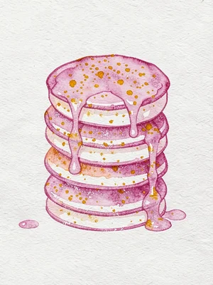 Tall stack of pancakes dripping syrup printed in pink and orange spot inks again