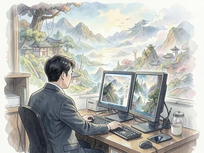 Office worker at computer, monitor screen expanding into vast fantasy world arou