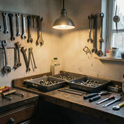 Atmospheric corner of a repair bench with parts trays, soft amber pendant glow