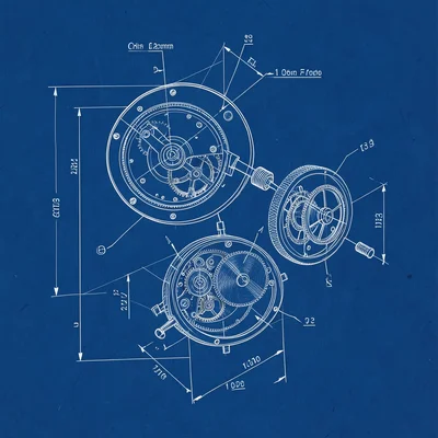 An exploded-view diagram of a mechanical watch movement: mainspring, escapement,