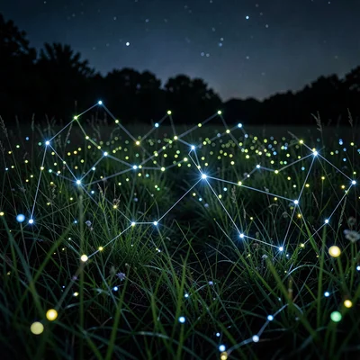 A 30-second exposure of fireflies in a meadow at night, their bioluminescence dr