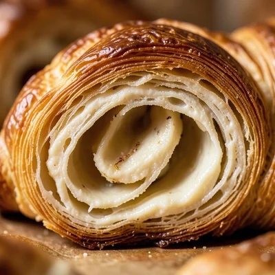 Cross-section of a freshly baked croissant, laminated layers in a spiral, golden