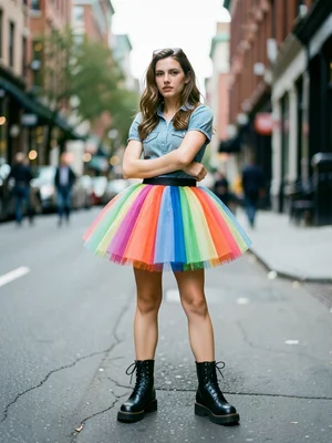 Rainbow tutu and combat boots outfit, urban setting, defiant beauty