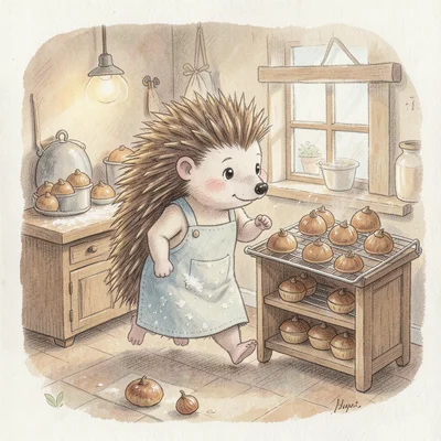 A hedgehog running a tiny bakery, flour-dusted apron, cooling rack of acorn-shap