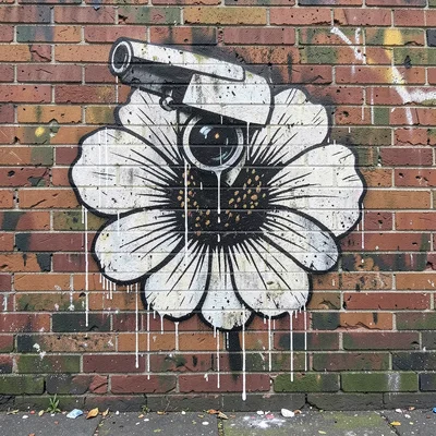 Surveillance camera sprayed to look like a flower, stencil on brick, one drip fr