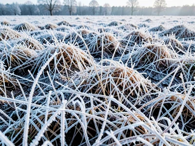 Frost field on meadow overall view